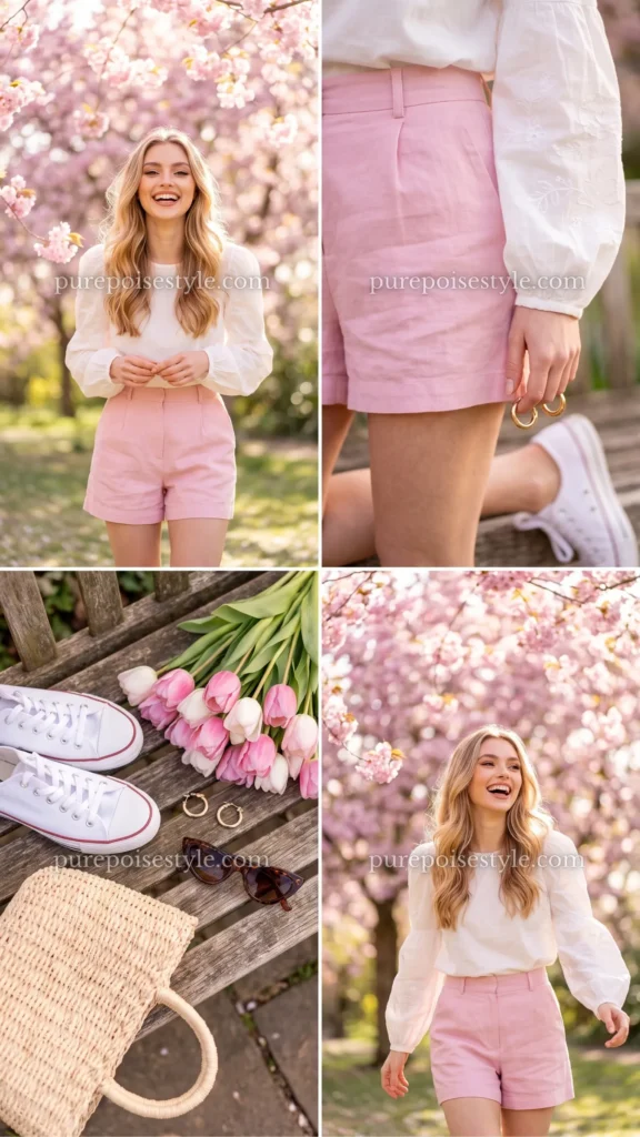 Pastel Pink Linen Shorts with a White Blouse