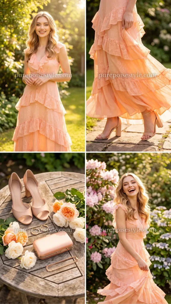 Peach A-Line Dress with Ruffled Skirt