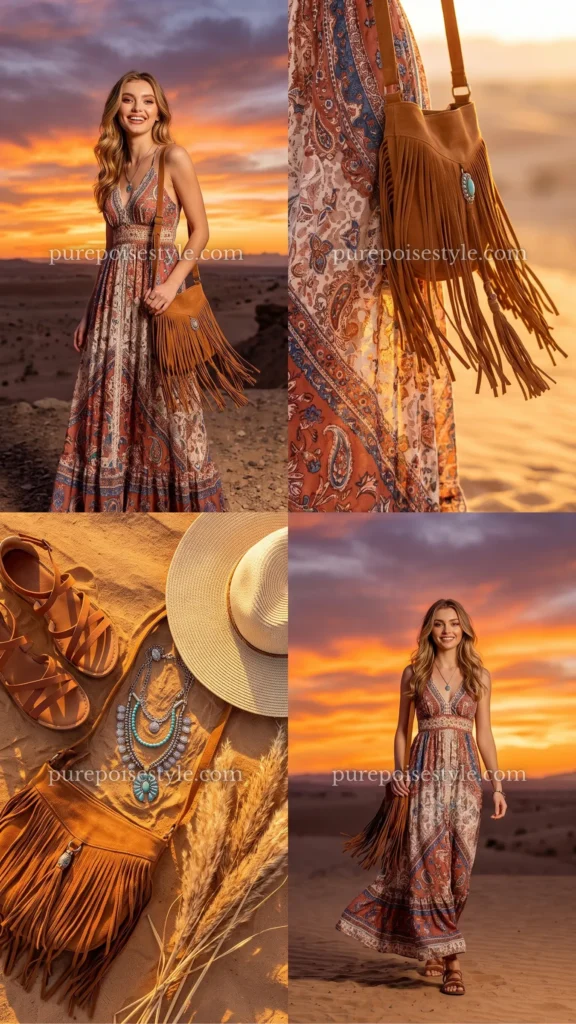 Printed Lace Dress with a Fringe Bag