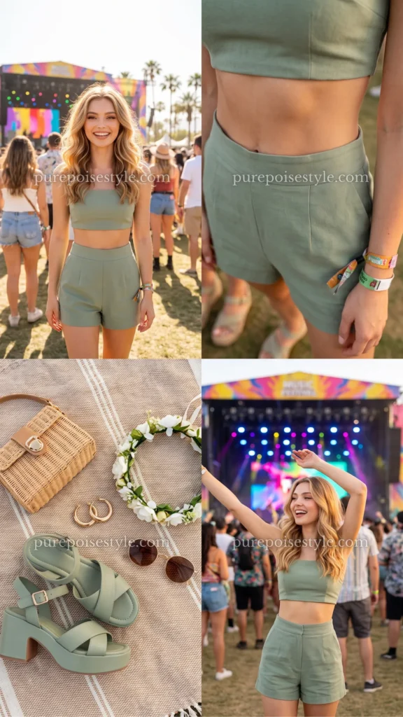 Sage Green High-Waisted Shorts with a Crop Top