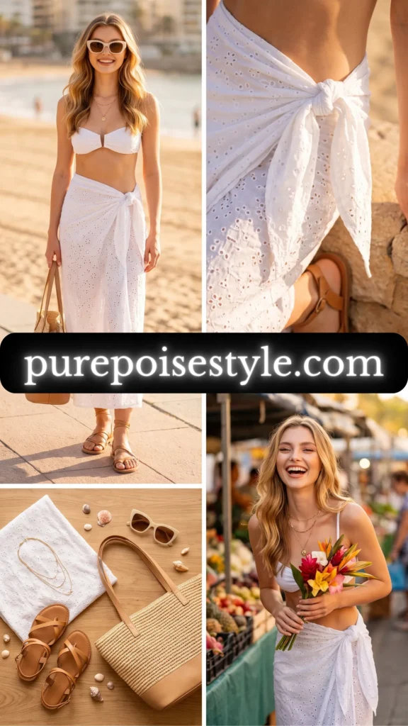 Sarong Beach Dress Outfits in White Eyelet Cotton