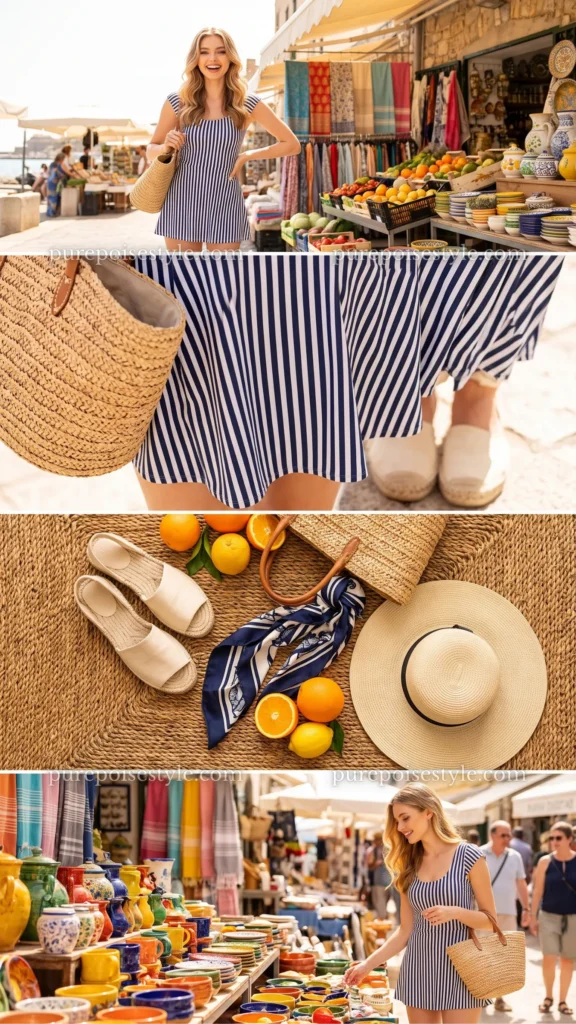 Striped Swim Dress with a Straw Tote