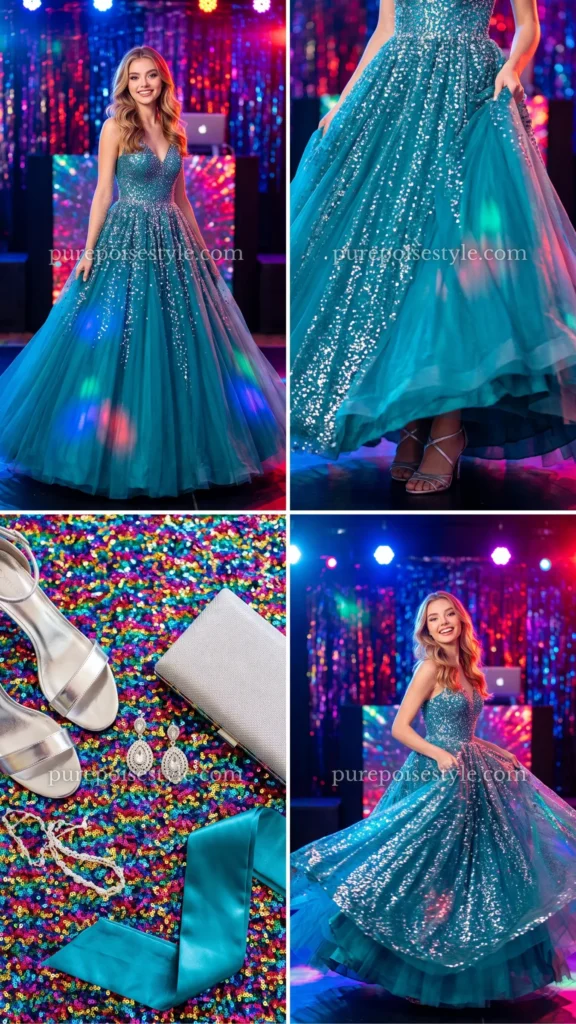 Teal Ball Gown with Silver Sequins