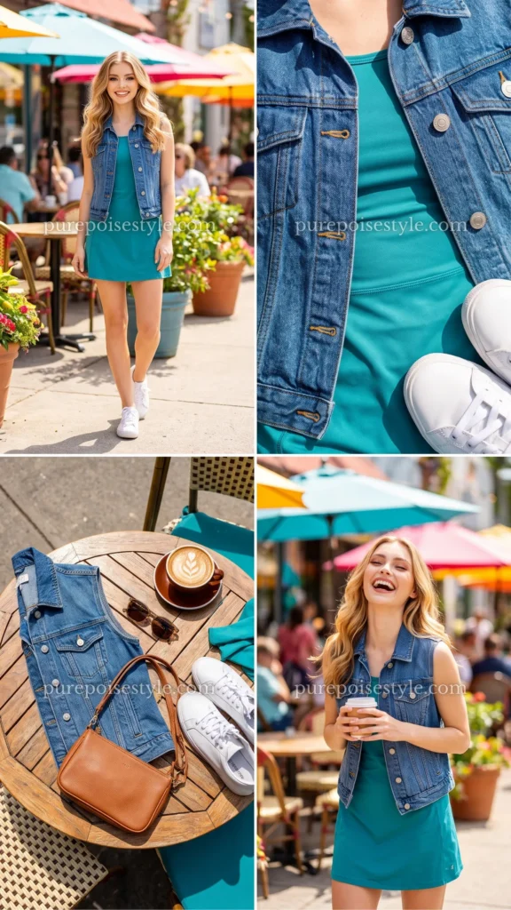 Teal Running Dress with a Denim Vest