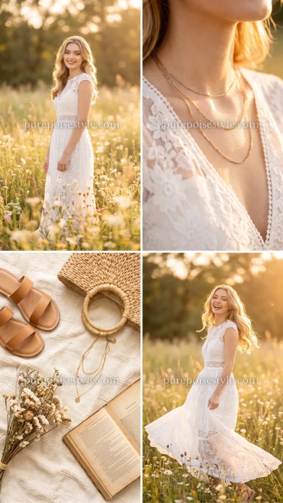White Lace Maxi Dress with Layered Necklaces
